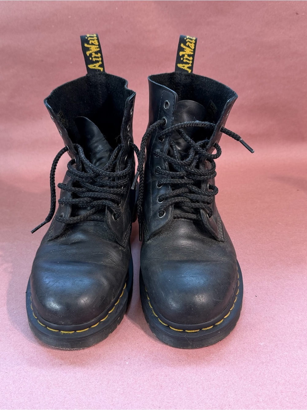 Dr. Martens Black Leather Lace-Up Combat Boots with Yellow Stitching